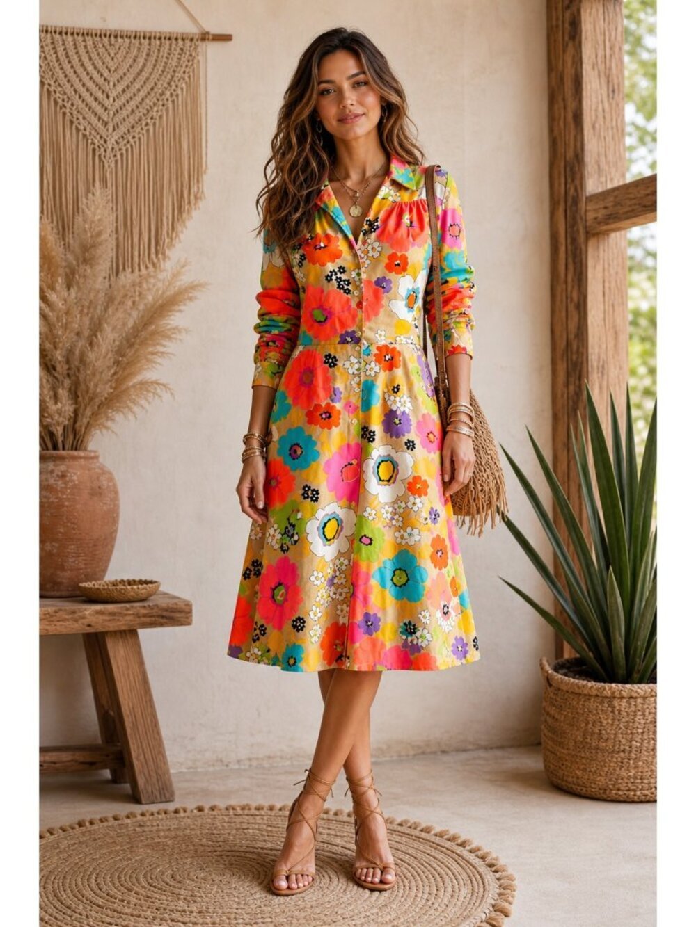 Lady Manhattan 70s Bright floral Long Sleeve Day Dress M